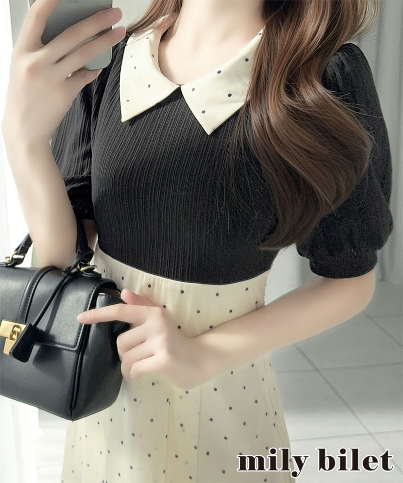 【 mily bilet 】ワンピース レディース 切り替え ドッキング 半袖 ドット柄 シアー 上品 ロング | classicalelf