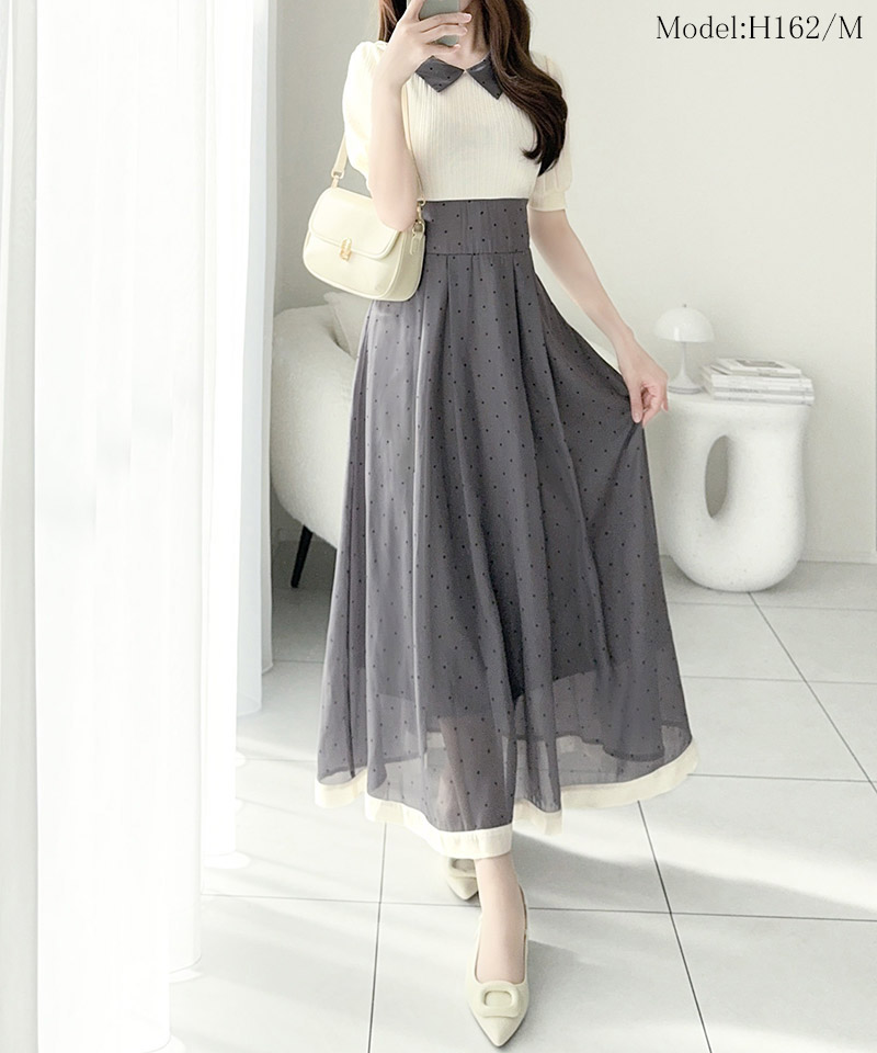 【 mily bilet 】ワンピース レディース 切り替え ドッキング 半袖 ドット柄 シアー 上品 ロング | classicalelf | 02