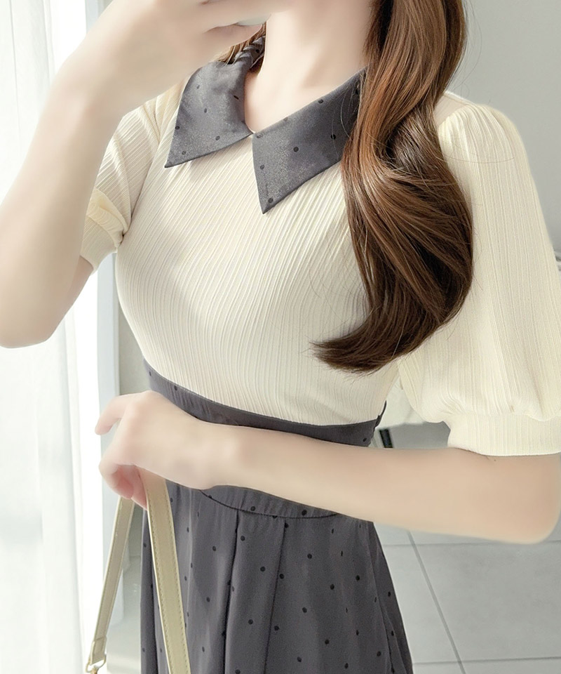 【 mily bilet 】ワンピース レディース 切り替え ドッキング 半袖 ドット柄 シアー 上品 ロング | classicalelf | 03