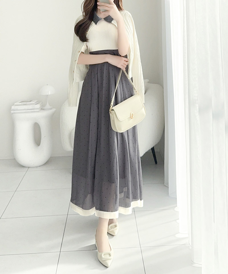 【 mily bilet 】ワンピース レディース 切り替え ドッキング 半袖 ドット柄 シアー 上品 ロング | classicalelf | 05