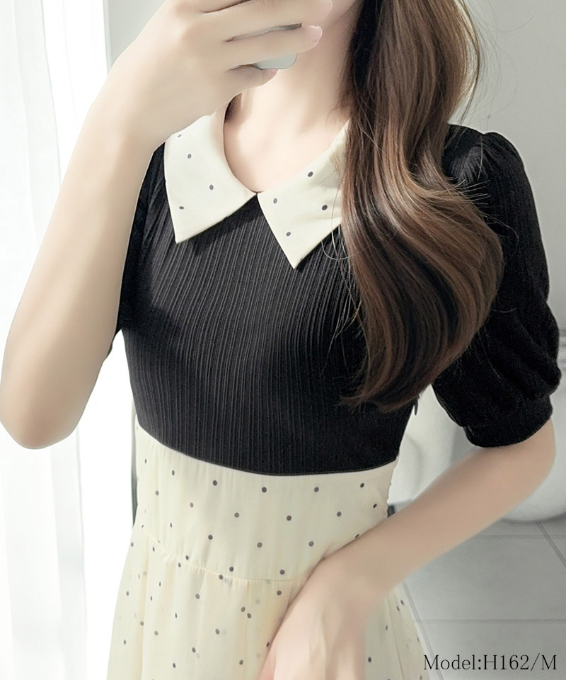 【 mily bilet 】ワンピース レディース 切り替え ドッキング 半袖 ドット柄 シアー 上品 ロング | classicalelf | 07