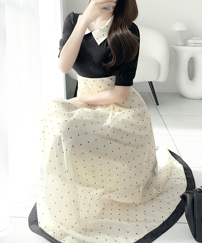 【 mily bilet 】ワンピース レディース 切り替え ドッキング 半袖 ドット柄 シアー 上品 ロング | classicalelf | 09