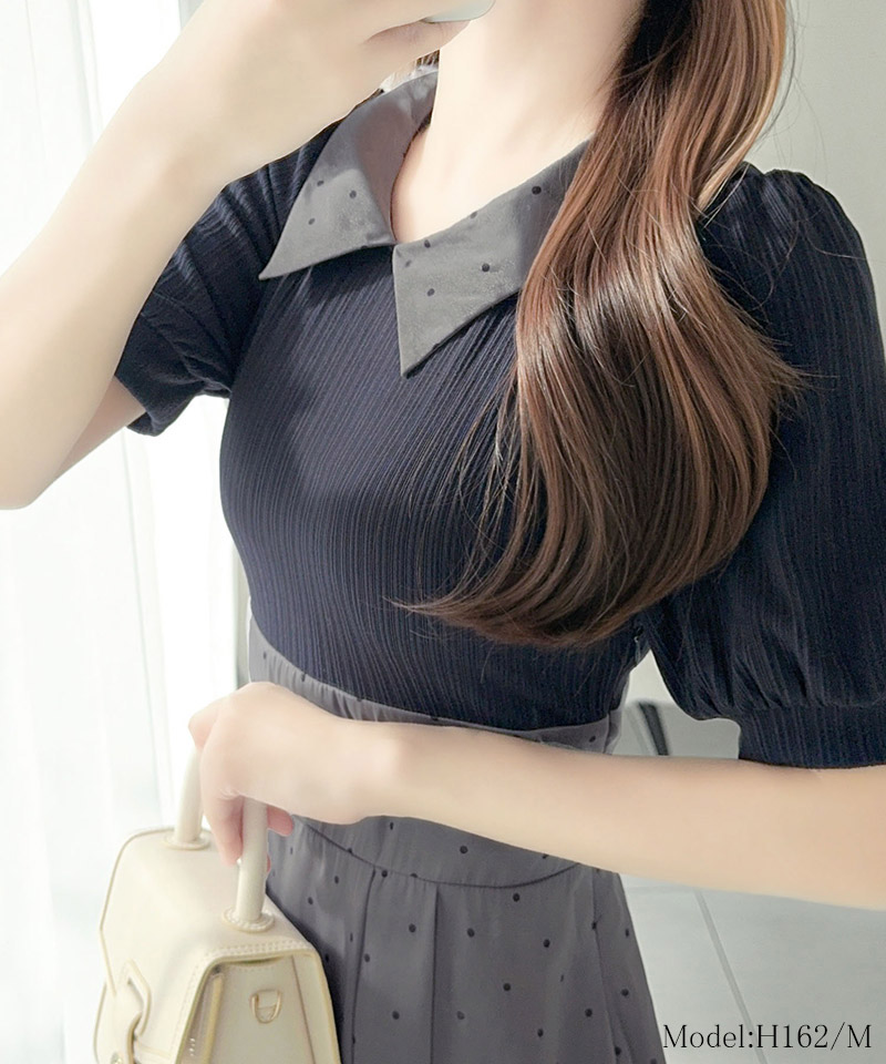 【 mily bilet 】ワンピース レディース 切り替え ドッキング 半袖 ドット柄 シアー 上品 ロング | classicalelf | 12