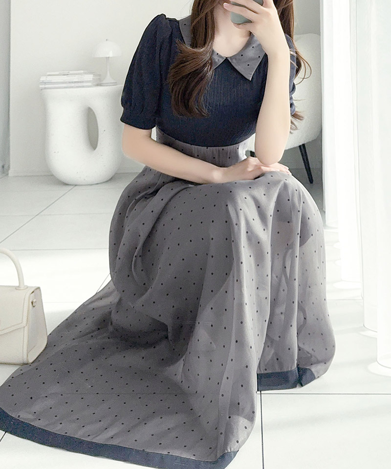 【 mily bilet 】ワンピース レディース 切り替え ドッキング 半袖 ドット柄 シアー 上品 ロング | classicalelf | 14