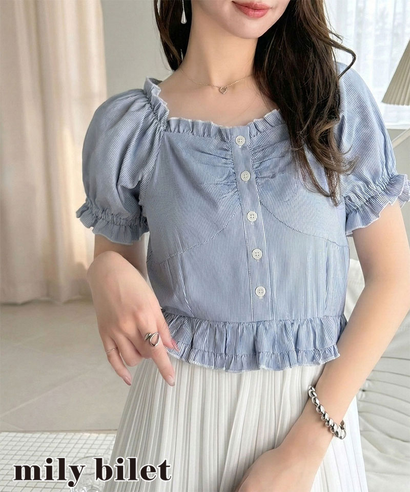 【mily bilet】ワンピース レディース レイヤード風 2Way パフスリーブ ブラウス プリーツスカート ドッキングワンピース ロング丈 ストライプ柄 シアー感 | classicalelf