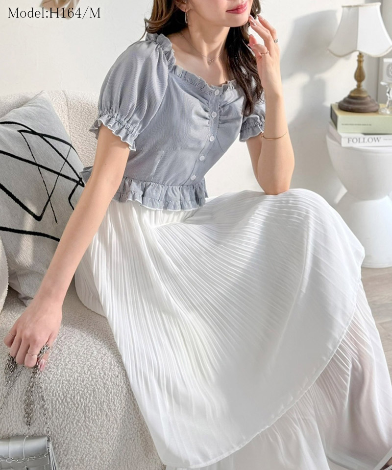 【mily bilet】ワンピース レディース レイヤード風 2Way パフスリーブ ブラウス プリーツスカート ドッキングワンピース ロング丈 ストライプ柄 シアー感 | classicalelf | 02