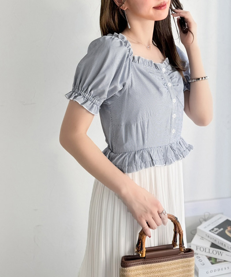 【mily bilet】ワンピース レディース レイヤード風 2Way パフスリーブ ブラウス プリーツスカート ドッキングワンピース ロング丈 ストライプ柄 シアー感 | classicalelf | 03