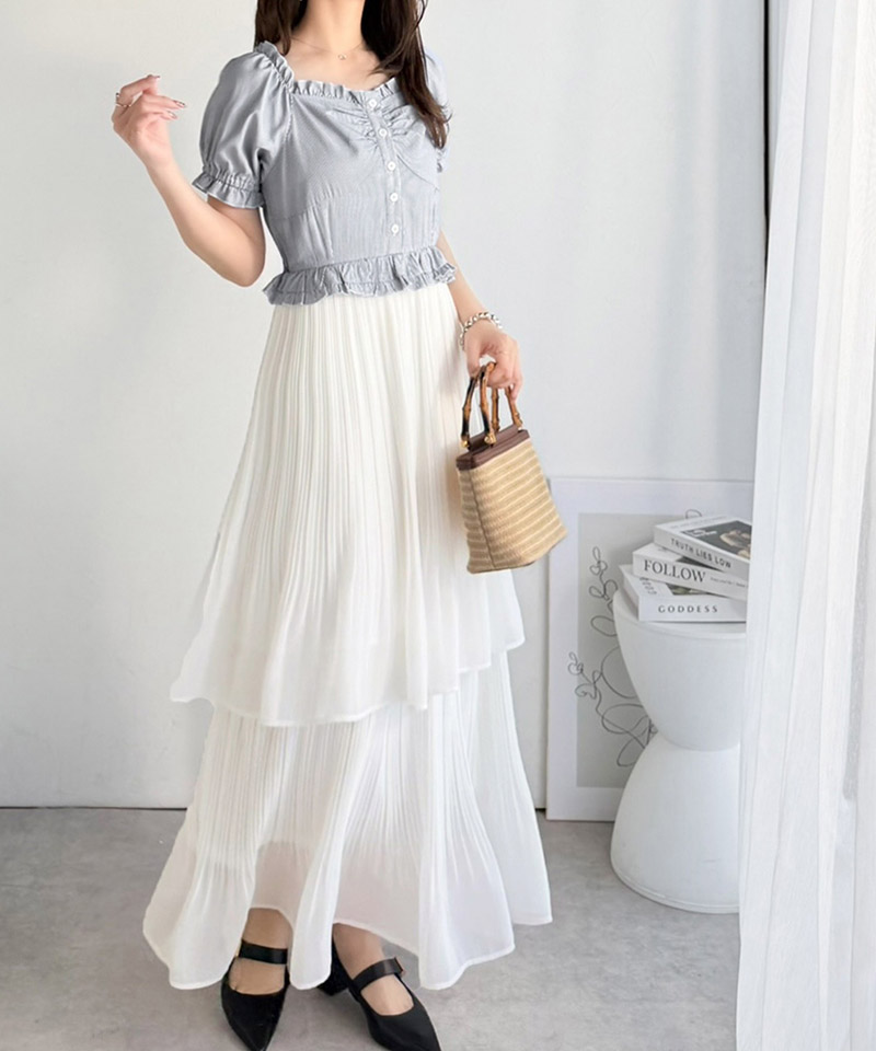 【mily bilet】ワンピース レディース レイヤード風 2Way パフスリーブ ブラウス プリーツスカート ドッキングワンピース ロング丈 ストライプ柄 シアー感 | classicalelf | 04