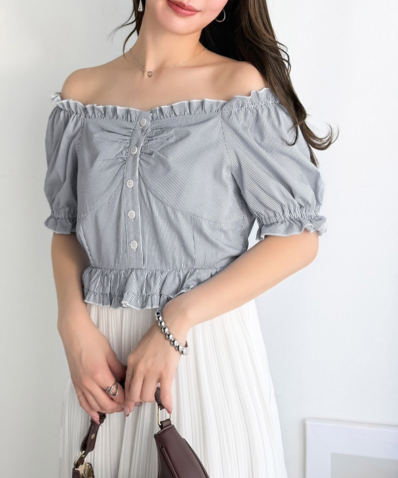 【mily bilet】ワンピース レディース レイヤード風 2Way パフスリーブ ブラウス プリーツスカート ドッキングワンピース ロング丈 ストライプ柄 シアー感 | classicalelf | 05