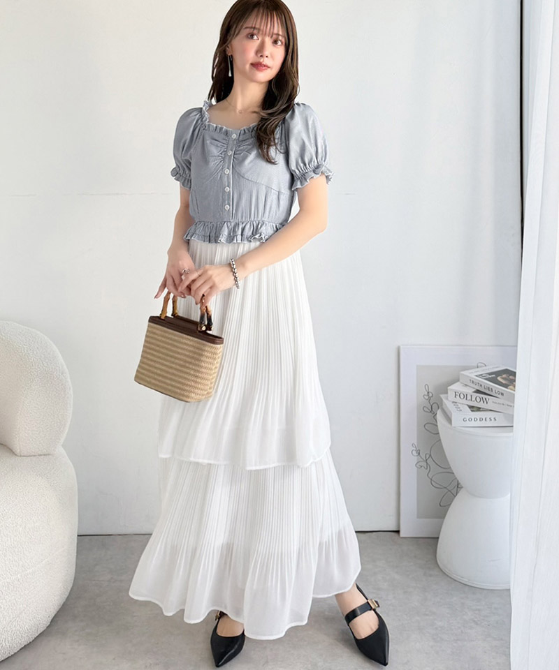 【mily bilet】ワンピース レディース レイヤード風 2Way パフスリーブ ブラウス プリーツスカート ドッキングワンピース ロング丈 ストライプ柄 シアー感 | classicalelf | 06