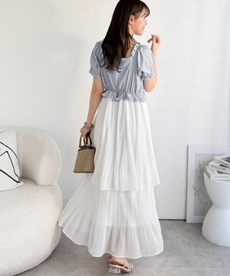 【mily bilet】ワンピース レディース レイヤード風 2Way パフスリーブ ブラウス プリーツスカート ドッキングワンピース ロング丈 ストライプ柄 シアー感 | classicalelf | 08