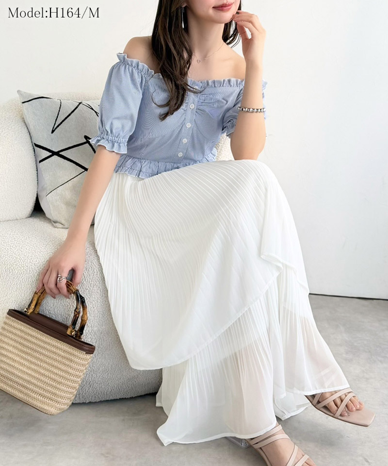 【mily bilet】ワンピース レディース レイヤード風 2Way パフスリーブ ブラウス プリーツスカート ドッキングワンピース ロング丈 ストライプ柄 シアー感 | classicalelf | 09