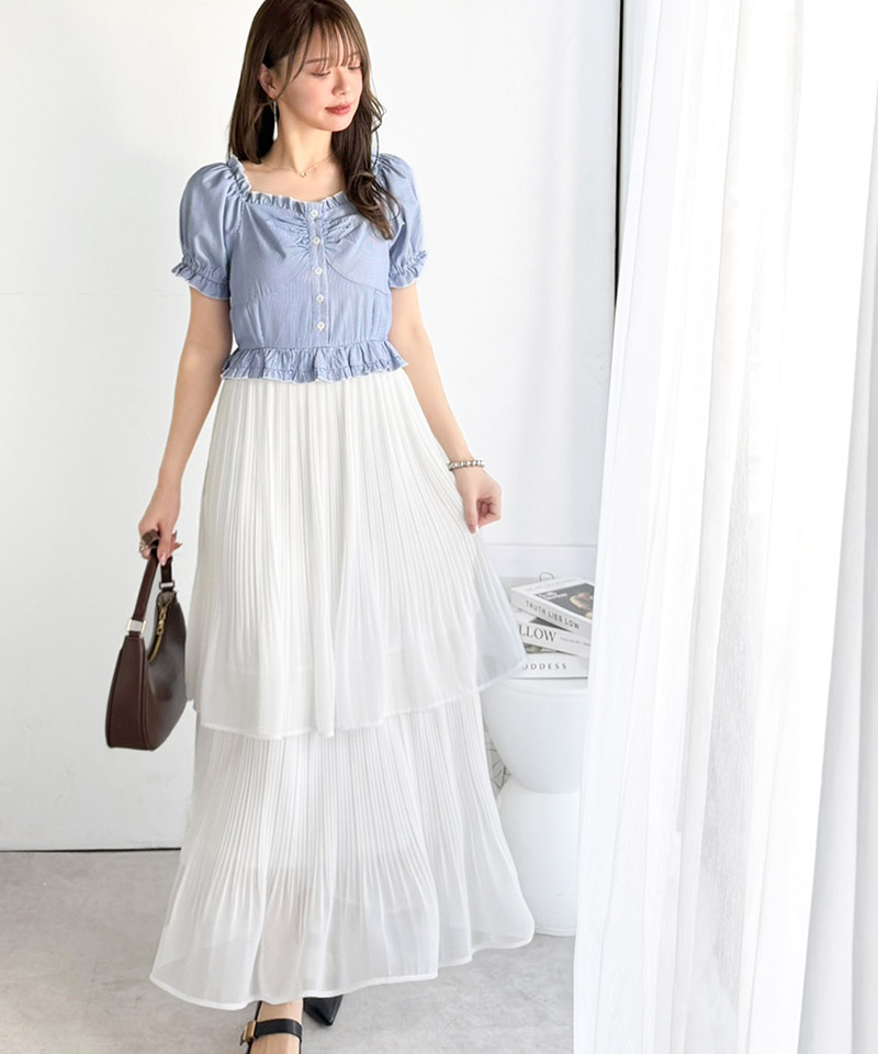 【mily bilet】ワンピース レディース レイヤード風 2Way パフスリーブ ブラウス プリーツスカート ドッキングワンピース ロング丈 ストライプ柄 シアー感 | classicalelf | 10