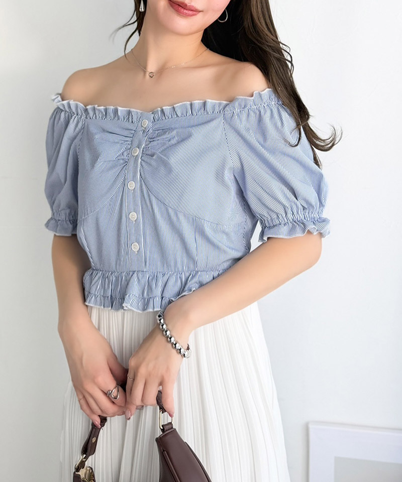 【mily bilet】ワンピース レディース レイヤード風 2Way パフスリーブ ブラウス プリーツスカート ドッキングワンピース ロング丈 ストライプ柄 シアー感 | classicalelf | 11