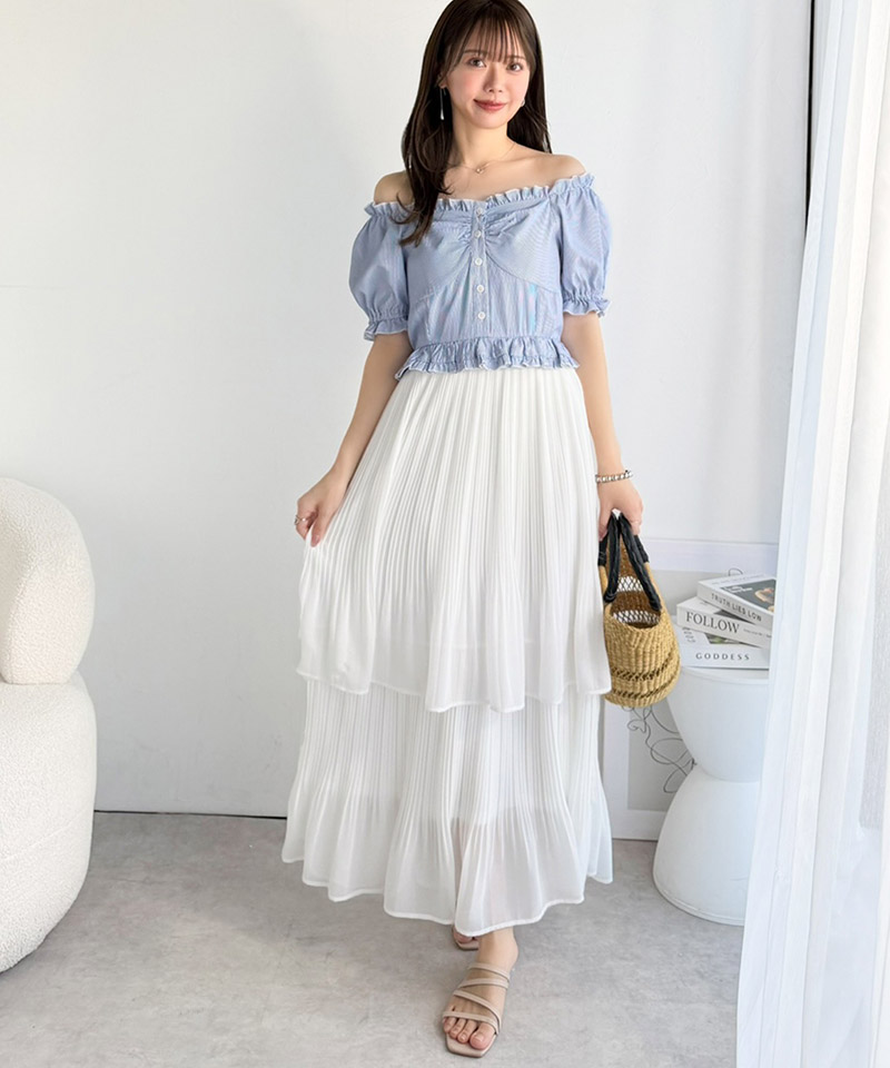 【mily bilet】ワンピース レディース レイヤード風 2Way パフスリーブ ブラウス プリーツスカート ドッキングワンピース ロング丈 ストライプ柄 シアー感 | classicalelf | 12