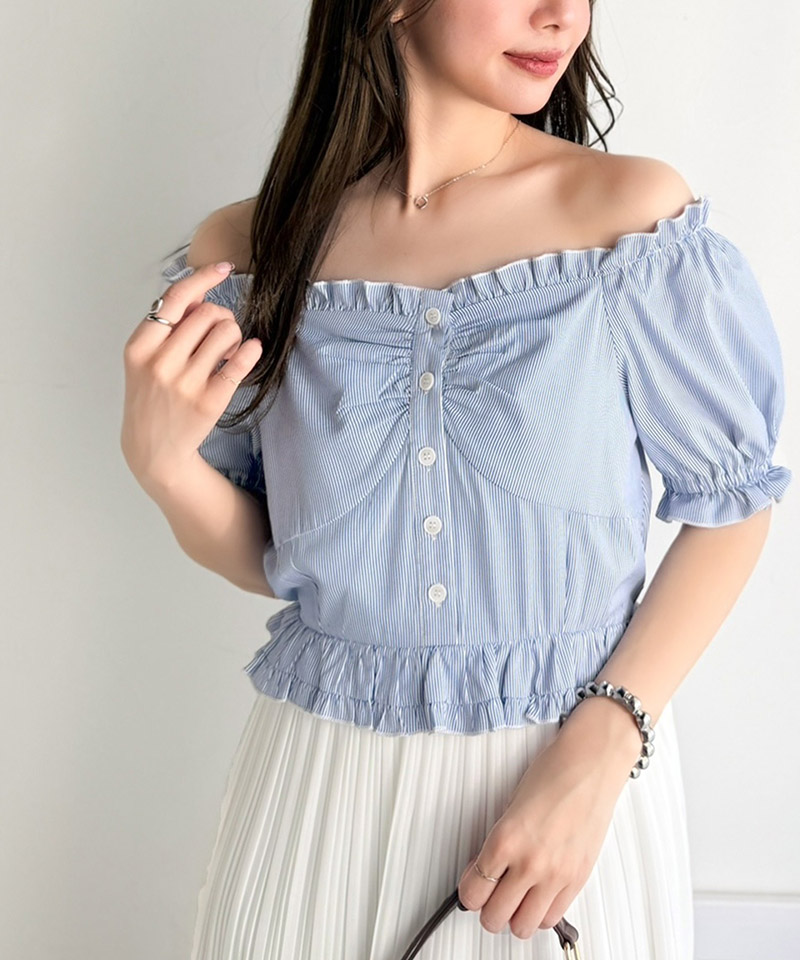 【mily bilet】ワンピース レディース レイヤード風 2Way パフスリーブ ブラウス プリーツスカート ドッキングワンピース ロング丈 ストライプ柄 シアー感 | classicalelf | 13