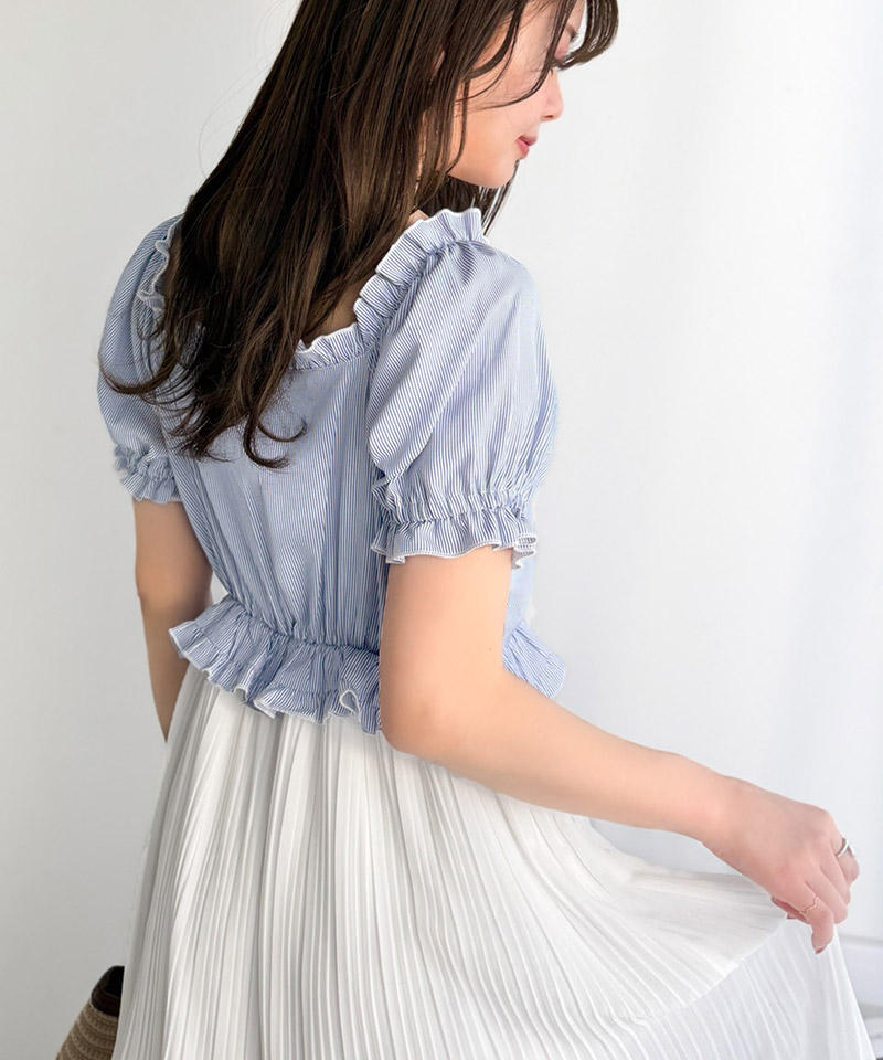 【mily bilet】ワンピース レディース レイヤード風 2Way パフスリーブ ブラウス プリーツスカート ドッキングワンピース ロング丈 ストライプ柄 シアー感 | classicalelf | 14