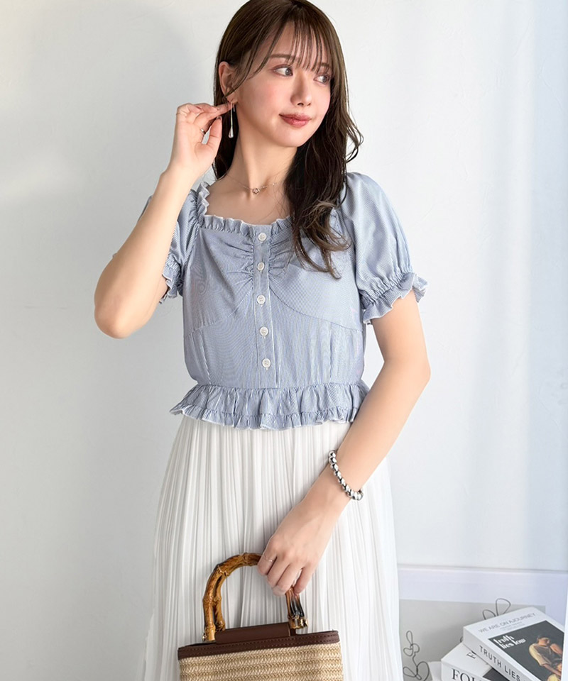 【mily bilet】ワンピース レディース レイヤード風 2Way パフスリーブ ブラウス プリーツスカート ドッキングワンピース ロング丈 ストライプ柄 シアー感 | classicalelf | 15