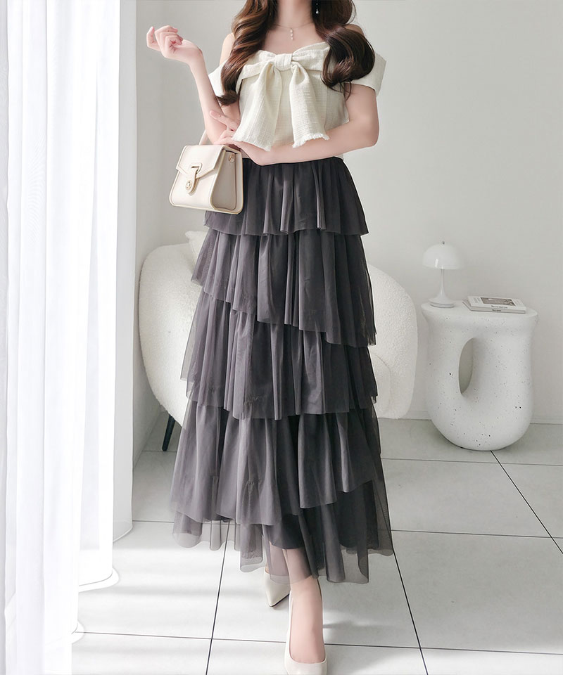 【mily bilet】ワンピース レディース リボン デザイン トップス チュールスカート ドッキング キャミ ワンピ ロング丈 きれいめ オン オフ 大きいサイズ | classicalelf | 03