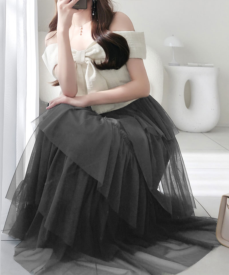 【mily bilet】ワンピース レディース リボン デザイン トップス チュールスカート ドッキング キャミ ワンピ ロング丈 きれいめ オン オフ 大きいサイズ | classicalelf | 04