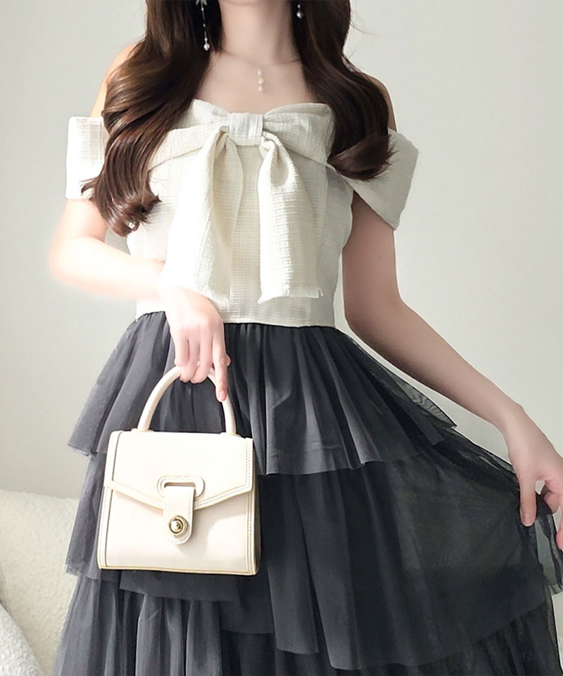 【mily bilet】ワンピース レディース リボン デザイン トップス チュールスカート ドッキング キャミ ワンピ ロング丈 きれいめ オン オフ 大きいサイズ | classicalelf | 05