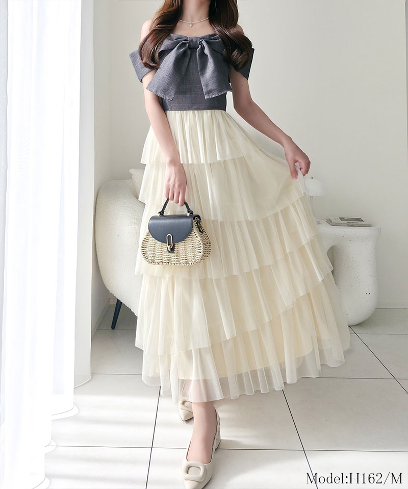 【mily bilet】ワンピース レディース リボン デザイン トップス チュールスカート ドッキング キャミ ワンピ ロング丈 きれいめ オン オフ 大きいサイズ | classicalelf | 07