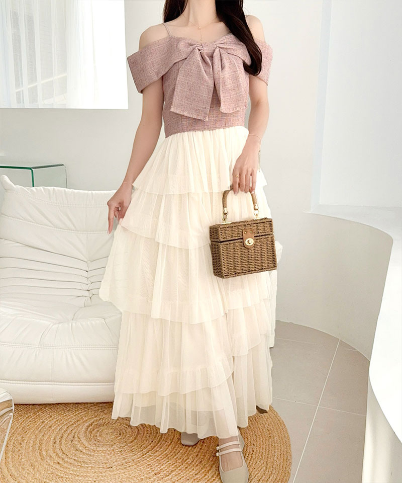 【mily bilet】ワンピース レディース リボン デザイン トップス チュールスカート ドッキング キャミ ワンピ ロング丈 きれいめ オン オフ 大きいサイズ | classicalelf | 13