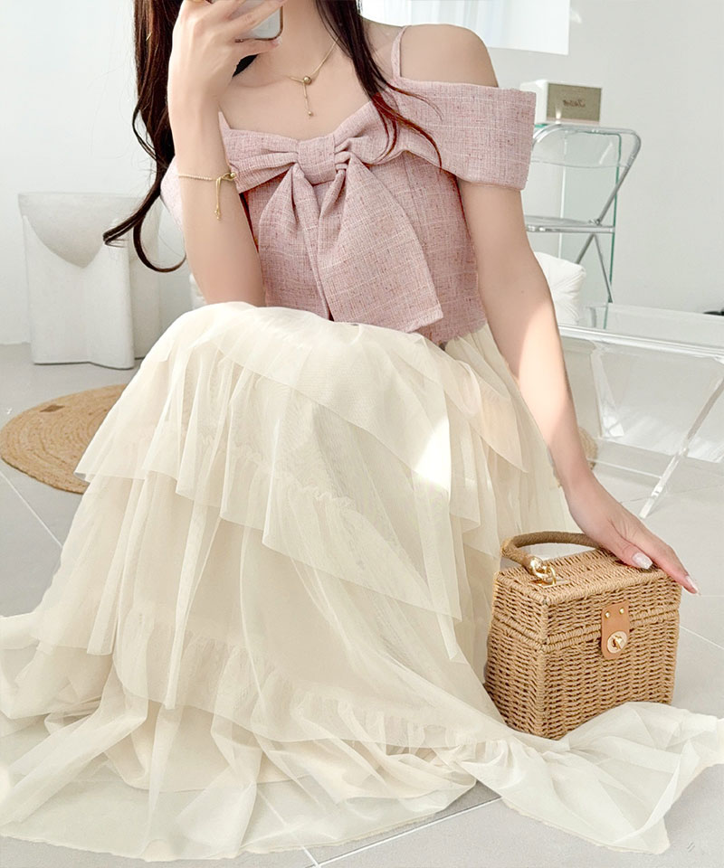 【mily bilet】ワンピース レディース リボン デザイン トップス チュールスカート ドッキング キャミ ワンピ ロング丈 きれいめ オン オフ 大きいサイズ | classicalelf | 15