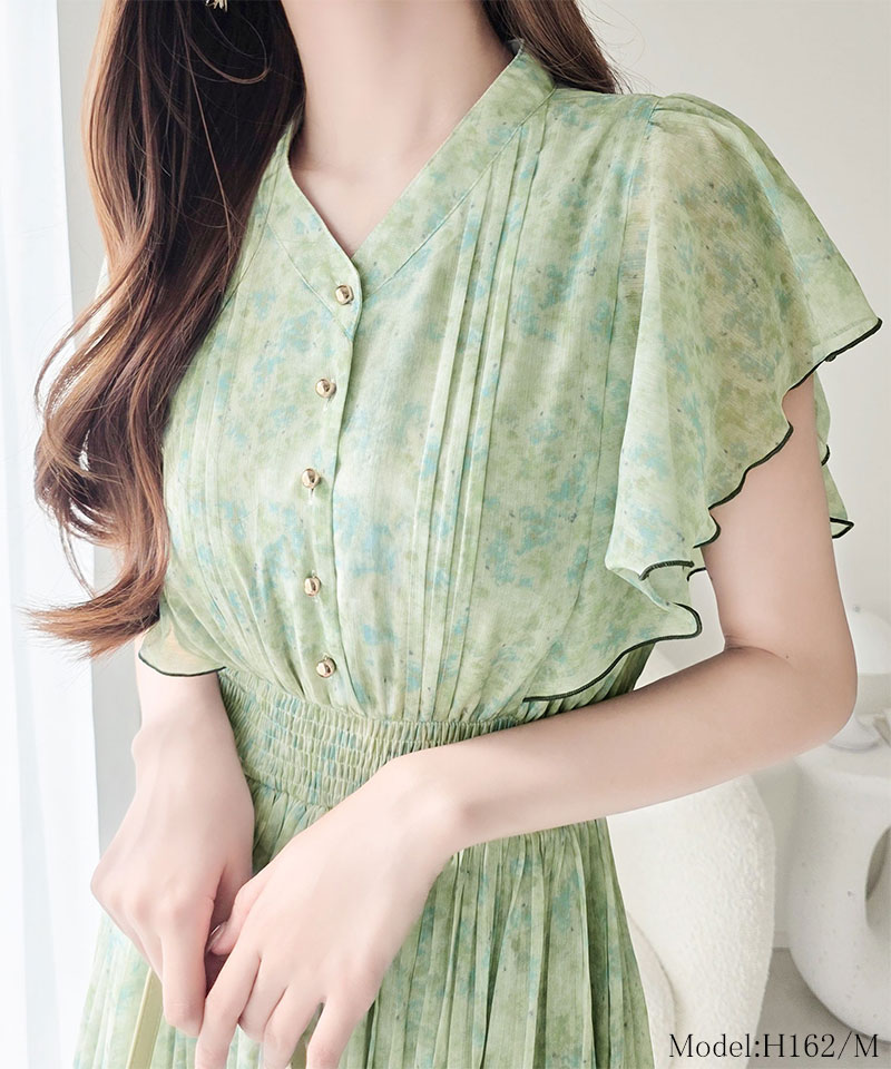 【mily bilet】ワンピース レディース 水彩調 花柄 プリント 柄 フロント ピンタック 袖 フリル プリーツ ワンピ 半袖 きれいめ カジュアル オン オフ | classicalelf | 02