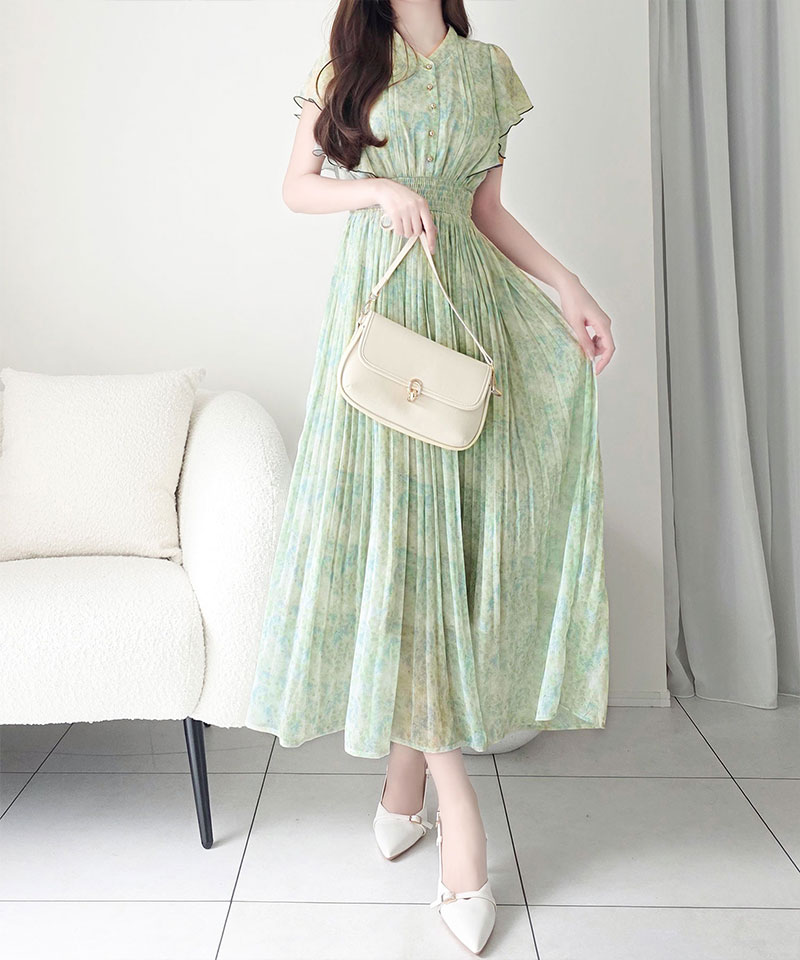 【mily bilet】ワンピース レディース 水彩調 花柄 プリント 柄 フロント ピンタック 袖 フリル プリーツ ワンピ 半袖 きれいめ カジュアル オン オフ | classicalelf | 03