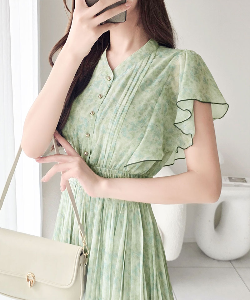 【mily bilet】ワンピース レディース 水彩調 花柄 プリント 柄 フロント ピンタック 袖 フリル プリーツ ワンピ 半袖 きれいめ カジュアル オン オフ | classicalelf | 04