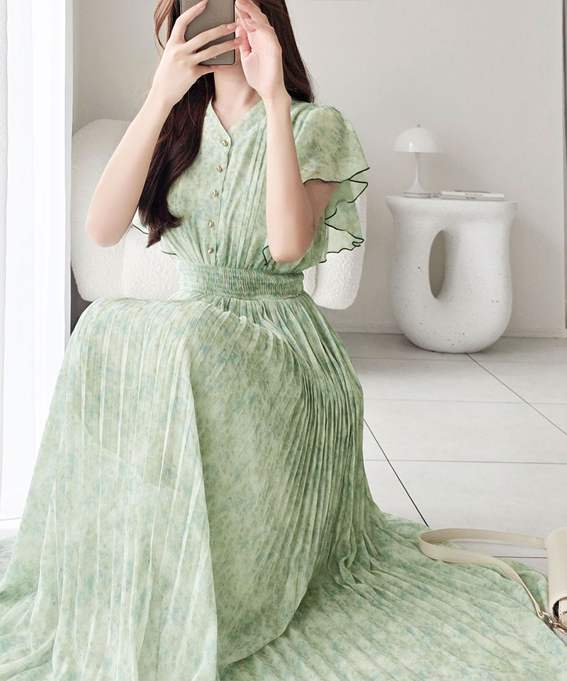 【mily bilet】ワンピース レディース 水彩調 花柄 プリント 柄 フロント ピンタック 袖 フリル プリーツ ワンピ 半袖 きれいめ カジュアル オン オフ | classicalelf | 05