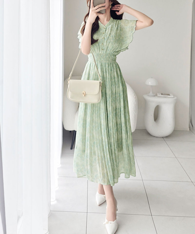 【mily bilet】ワンピース レディース 水彩調 花柄 プリント 柄 フロント ピンタック 袖 フリル プリーツ ワンピ 半袖 きれいめ カジュアル オン オフ | classicalelf | 06