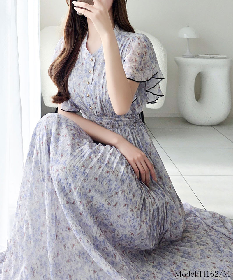 【mily bilet】ワンピース レディース 水彩調 花柄 プリント 柄 フロント ピンタック 袖 フリル プリーツ ワンピ 半袖 きれいめ カジュアル オン オフ | classicalelf | 07