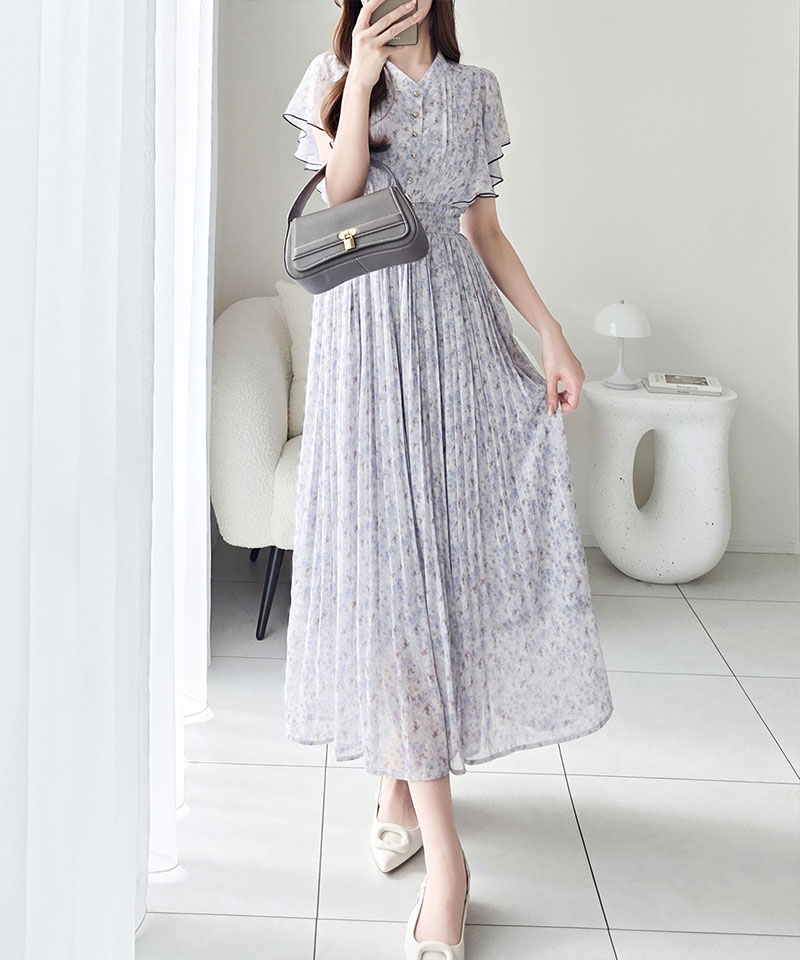 【mily bilet】ワンピース レディース 水彩調 花柄 プリント 柄 フロント ピンタック 袖 フリル プリーツ ワンピ 半袖 きれいめ カジュアル オン オフ | classicalelf | 08