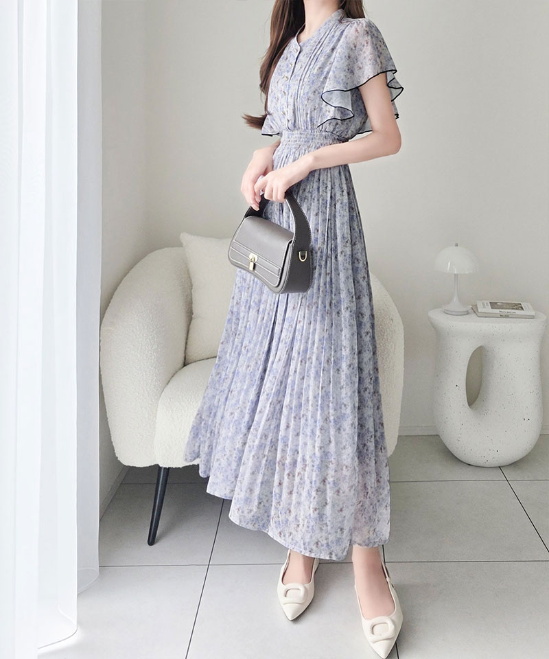 【mily bilet】ワンピース レディース 水彩調 花柄 プリント 柄 フロント ピンタック 袖 フリル プリーツ ワンピ 半袖 きれいめ カジュアル オン オフ | classicalelf | 09