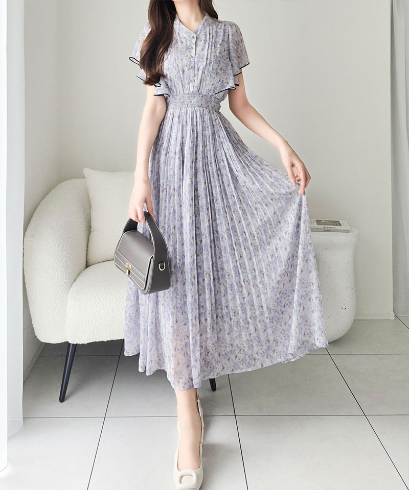 【mily bilet】ワンピース レディース 水彩調 花柄 プリント 柄 フロント ピンタック 袖 フリル プリーツ ワンピ 半袖 きれいめ カジュアル オン オフ | classicalelf | 11