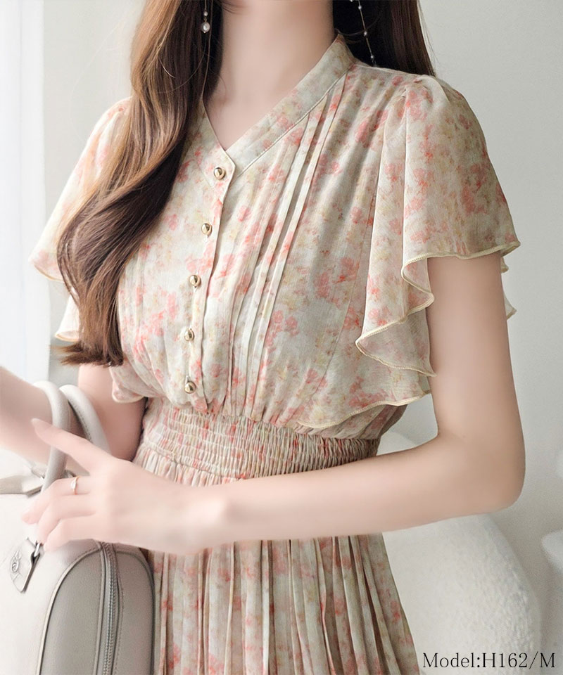 【mily bilet】ワンピース レディース 水彩調 花柄 プリント 柄 フロント ピンタック 袖 フリル プリーツ ワンピ 半袖 きれいめ カジュアル オン オフ | classicalelf | 12