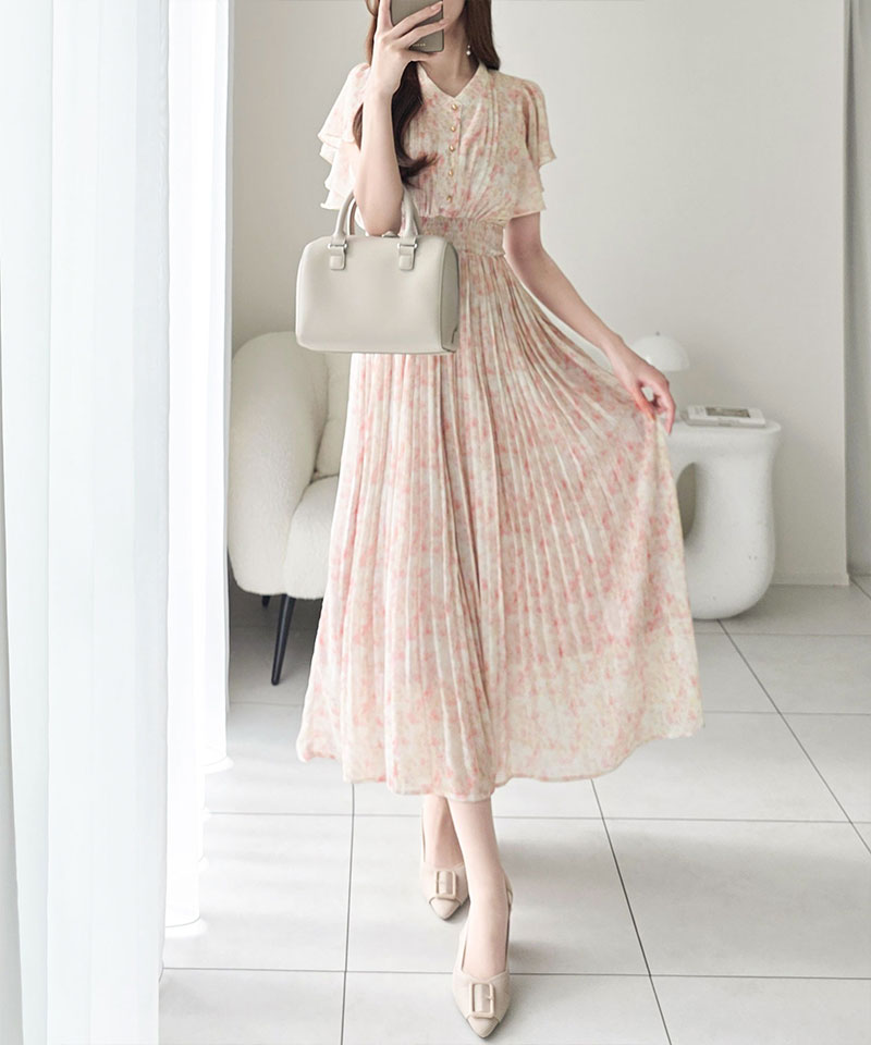 【mily bilet】ワンピース レディース 水彩調 花柄 プリント 柄 フロント ピンタック 袖 フリル プリーツ ワンピ 半袖 きれいめ カジュアル オン オフ | classicalelf | 13