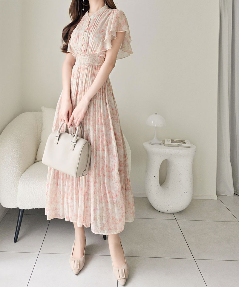 【mily bilet】ワンピース レディース 水彩調 花柄 プリント 柄 フロント ピンタック 袖 フリル プリーツ ワンピ 半袖 きれいめ カジュアル オン オフ | classicalelf | 14