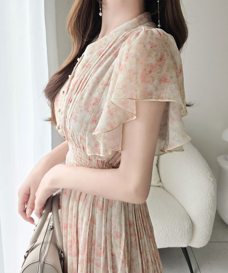 【mily bilet】ワンピース レディース 水彩調 花柄 プリント 柄 フロント ピンタック 袖 フリル プリーツ ワンピ 半袖 きれいめ カジュアル オン オフ | classicalelf | 15