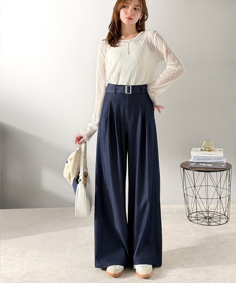 【mily bilet】【 速乾機能 接触冷感 機能付き】 ボトムス パンツ レディース 美脚見え ベルト付き ハイウエスト デニム スラックス セットアップ可能 | classicalelf | 11