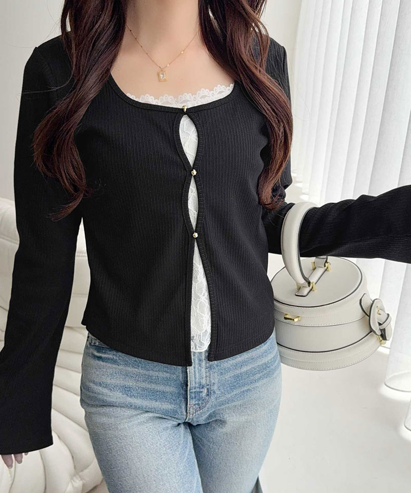 【mily bilet】 トップス カットソー 重ね着 インナー 長袖 レディース レースキャミ カーデ フェイクレイヤード 繊細レース 華やか リブカーデ | classicalelf | 07