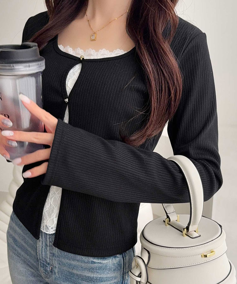 【mily bilet】 トップス カットソー 重ね着 インナー 長袖 レディース レースキャミ カーデ フェイクレイヤード 繊細レース 華やか リブカーデ | classicalelf | 08