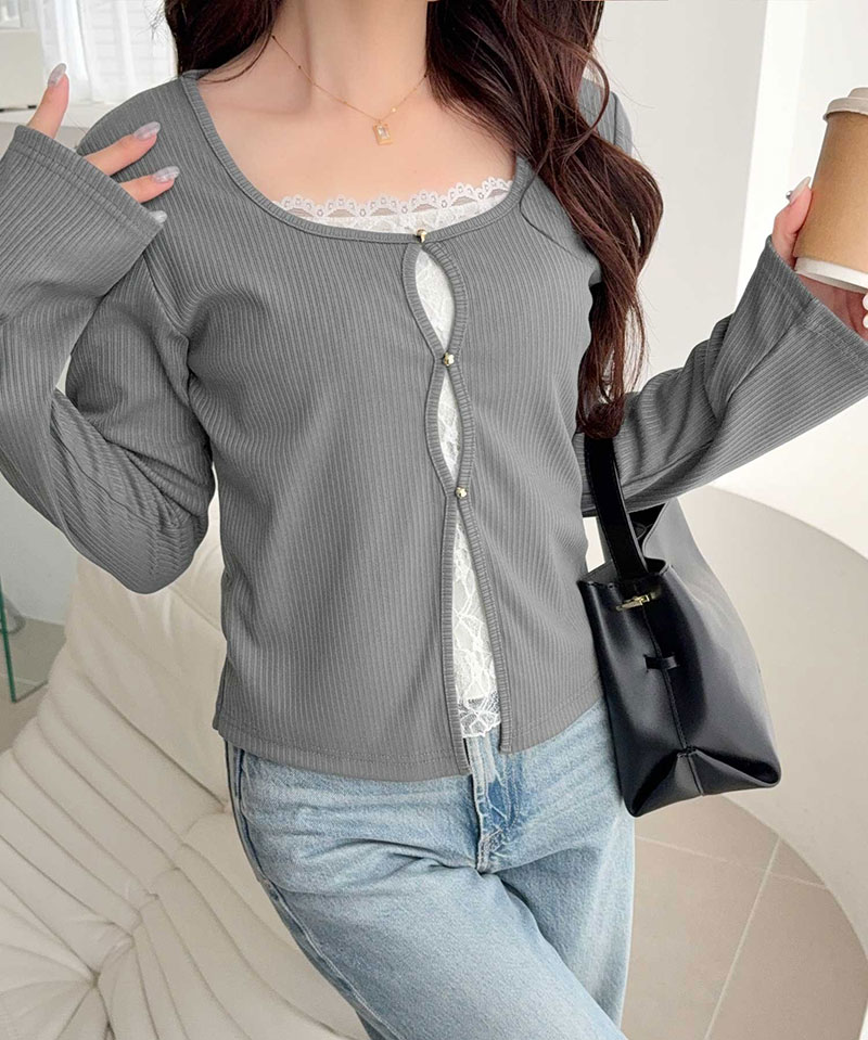 【mily bilet】 トップス カットソー 重ね着 インナー 長袖 レディース レースキャミ カーデ フェイクレイヤード 繊細レース 華やか リブカーデ | classicalelf | 11