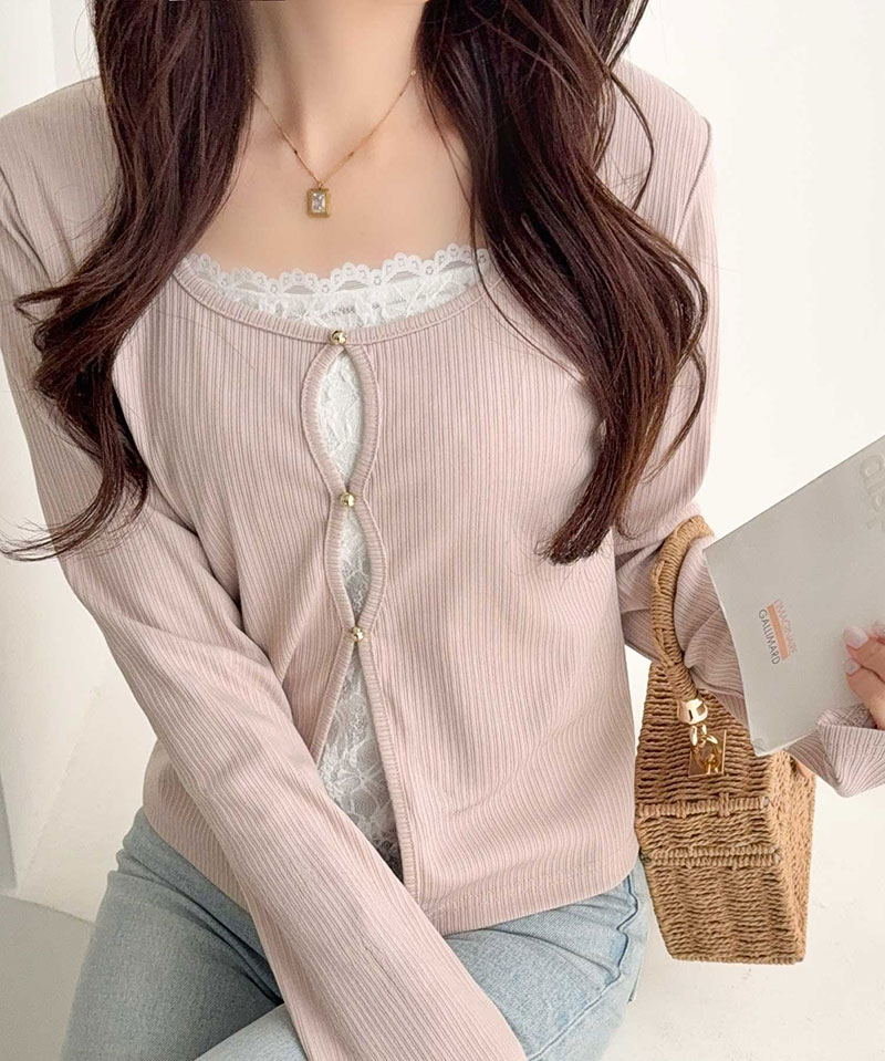 【mily bilet】 トップス カットソー 重ね着 インナー 長袖 レディース レースキャミ カーデ フェイクレイヤード 繊細レース 華やか リブカーデ | classicalelf | 14