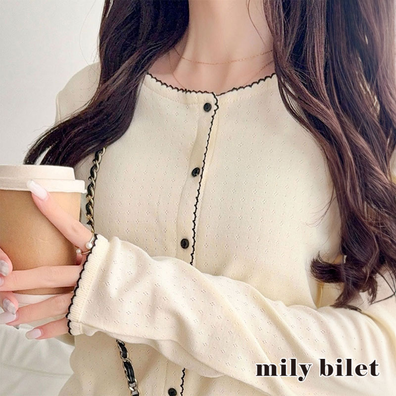 【mily bilet】 カーディガン レディース 春夏 トップス パターンメッシュ生地 ヘンリー ロングスリーブ 花柄 華やか 配色スカラップ刺繍 ガーリー | classicalelf