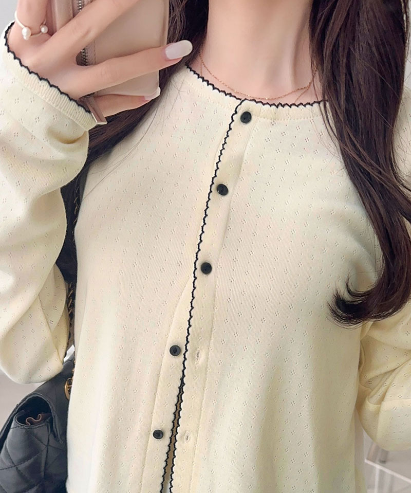 【mily bilet】 カーディガン レディース 春夏 トップス パターンメッシュ生地 ヘンリー ロングスリーブ 花柄 華やか 配色スカラップ刺繍 ガーリー | classicalelf | 03