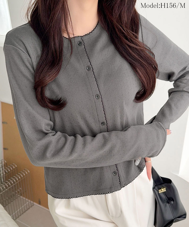 【mily bilet】 カーディガン レディース 春夏 トップス パターンメッシュ生地 ヘンリー ロングスリーブ 花柄 華やか 配色スカラップ刺繍 ガーリー | classicalelf | 10