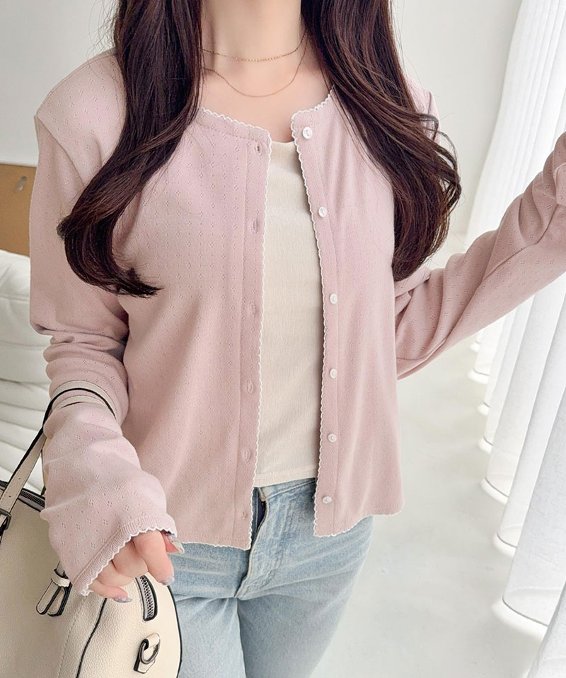 【mily bilet】 カーディガン レディース 春夏 トップス パターンメッシュ生地 ヘンリー ロングスリーブ 花柄 華やか 配色スカラップ刺繍 ガーリー | classicalelf | 14